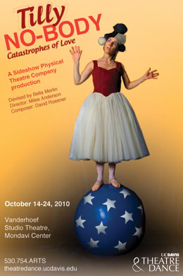 Poster for play, showing actor in ballet tutu and standing atop a ball