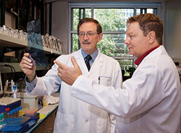 The two scientists in a lab looking at an X-ray