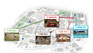 Map with numbered call-outs for Coffee House, Hickey Pool, London bus, Bike Barn and club sports