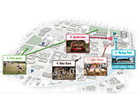 Illustration: campus map with callouts for five locations