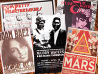 Photo collage: 5 posters for concerts by Joan Baez, Tom Petty, Muddy Waters, 30 Seconds to Mars and Siouxsie & the Banshees