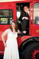 Photo: bride and groom and double-decker bus