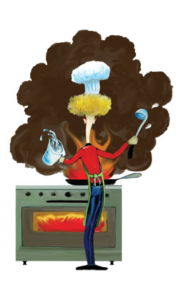 Illustration: young cook at stove, with flames leaping and smoke billowing from fry pan