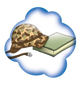 camouflage helmet resting on a book