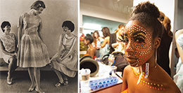 A historic photo of a student modeling a plaid dress, and a contempoary photo of a student with a pattern of dots painted across her face and neck