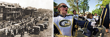 a historic photo of crowds watching parade of livestock and a contemporary parade with the Aggie band