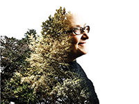 Photo illustration: a forest merges into smiling computer scientist Nina Amenta