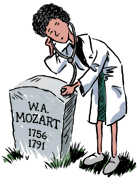 Drawing of doctor with stethoscope listening at Mozart's gravestone