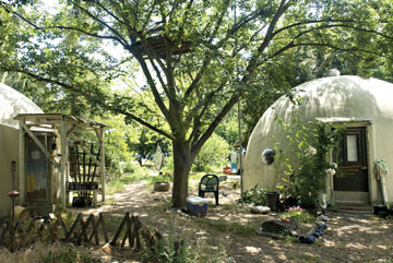 Photo: two geodesic residences with tree and tree house