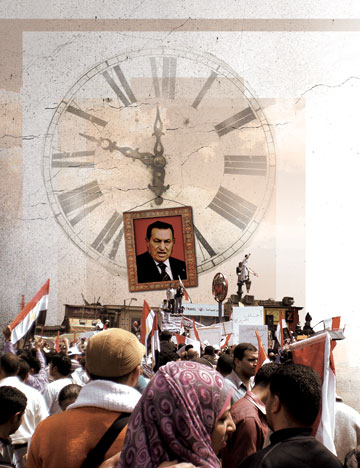 Photo illustration: Scene of protestors, with large image of clock and tilted framed portrait of former Eygptian President Hosni Mubarak 