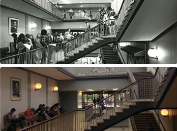 old and new photos of the stairway inside the classroom building