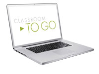 Photo illustration: laptop with words "classroom to go" showing on screen